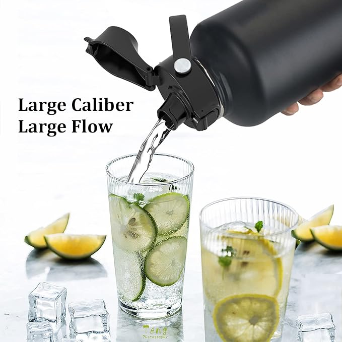 Water Bottle Insulated 32oz 40oz 64oz 128oz Straw Lid Spout Lid & 3 Lids, Leak Proof, Vacuum Insulated,Stainless Steel Water Bottle Wide Mouth for Sports, Gym or Office-GravixFit