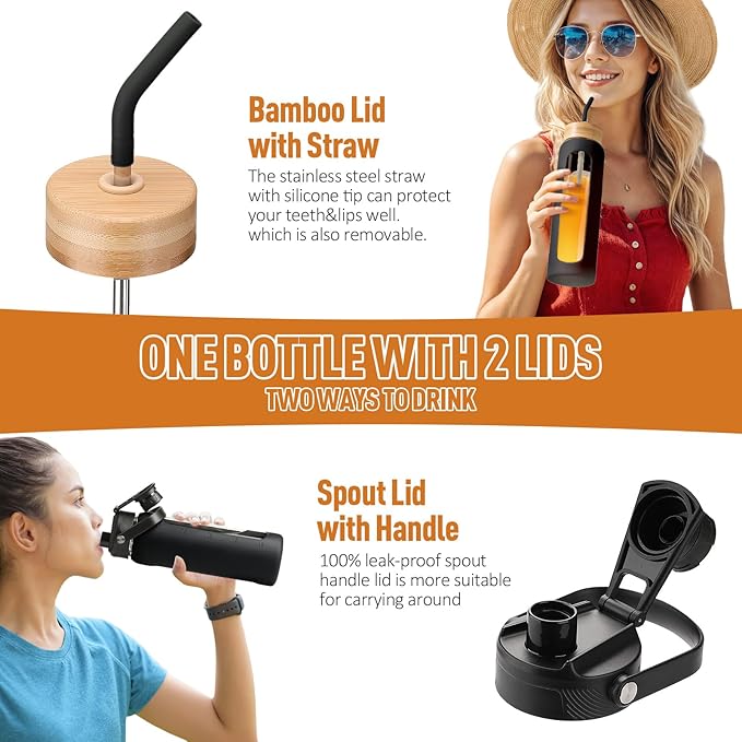 Kodrine Water Bottle with Straw, 24 oz Glass water Bottle with 2 Lids Bamboo Straw Lid and Spout Lid with Handle, 32 oz Clear Water Bottle Glass for Sports Travel, Waterbottle with Time Marker-GravixFit