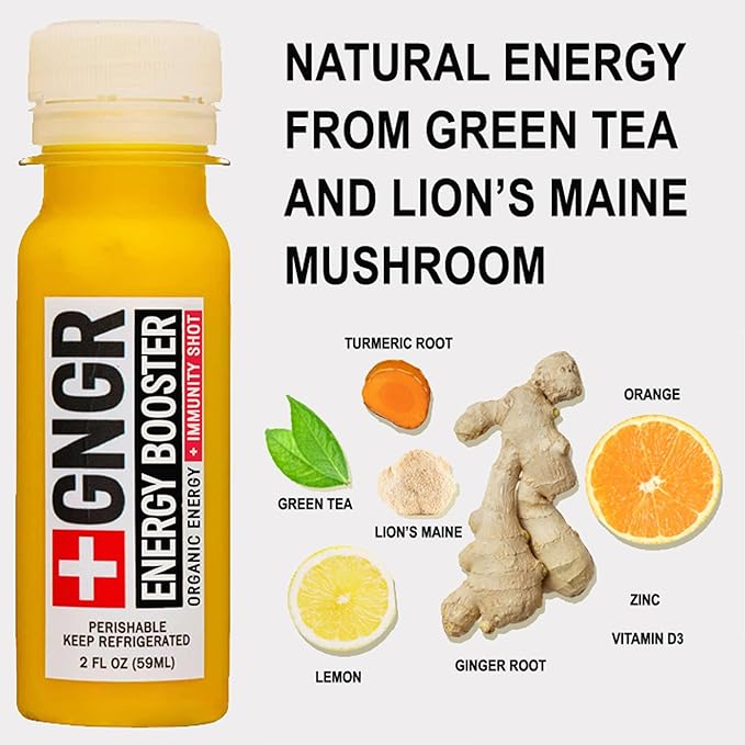 '+GNGR Energy Booster & Immunity Shot, Cold-Pressed Ginger Shots with Lions Mane, 75mg of Natural Caffeine Green Tea, Turmeric Root, Vitamin D & Zinc for All Natural Immune Support (2 Oz, Pack of 12)-GravixFit