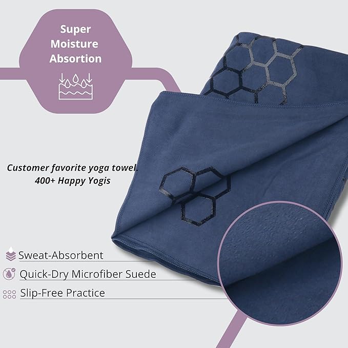 Clever Yoga Non-Slip Hot Yoga Towel – Non-Slip Grip for Hot Yoga, Sweat Absorbent, Honeycomb Silicone Grip, Stays Flat – Ideal for Pilates, Travel, Washable & Lightweight - Dark Blue-GravixFit