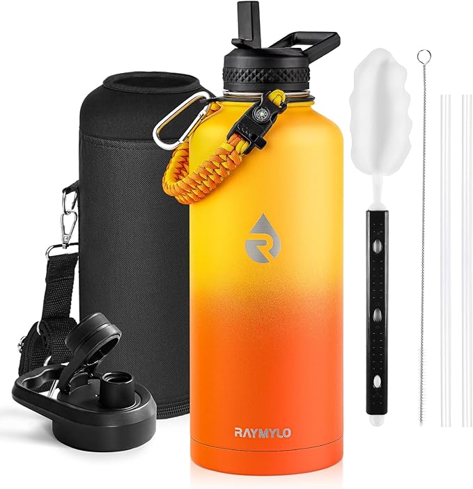 Insulated Water Bottle 87 oz, Triple Wall Vacuum Stainless Steel (Cold for 48 Hrs), Leak Proof & Non-BPA, Modern Water Flask Jug with Paracord Handle & Straw Spout Lids, Ombre Orange-GravixFit