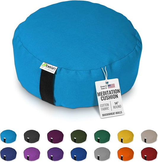 Bean Products Zafu Meditation Pillows for Sitting on Floor, Yoga Cushion, Cotton/Buckwheat Fill Yoga Pillow, Zafu Meditation Cushion, Zen Kneeling Prayer Pad- Made in USA - 14" Round - Aqua-GravixFit
