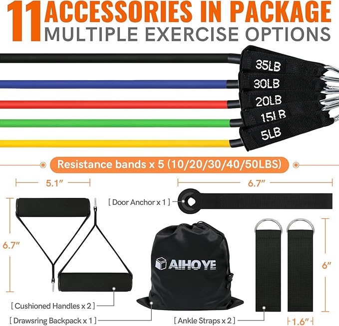 Aihoye Resistance Bands for Working Out, Exercise Bands with Handles, Stretch Bands for Exercise, Workout Bands with Door Anchors for Physical Therapy & Strength Training-GravixFit