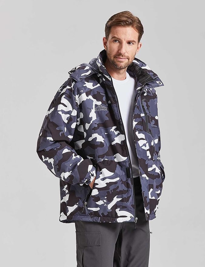 ELLSWOS Men's Waterproof Ski Jacket Winter Snow Coat Warm Hooded Raincoat Windproof Windbreakers