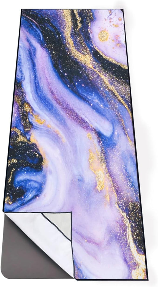 QIYI Large Yoga Mat Towel with Corner Pockets, Non Slip Sweat Absorbent Hot Yoga Towels, Soft Yoga Blankets with Travel Bag, Skidless Mat Cover for Workout, Gym, Fitness - 74"x26", Purple & Pink Grain-GravixFit