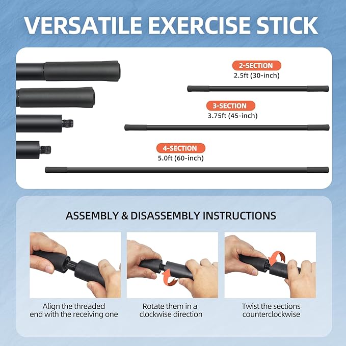 Yoga Stick 5 ft Sturdy Steel, Adjustable Stretching Stick for Mobility, Flexibility and Balance, Versatile Exercise Stick with 4 Steel Rods & Foam Handles for Fitness, Rehabilitation, and Posture-GravixFit
