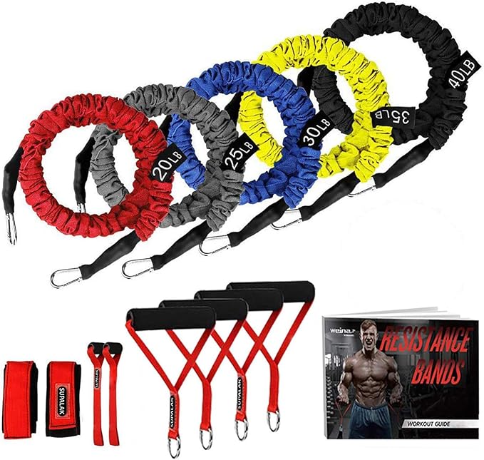 Resistance Bands, 15 Pieces Exercise Elastic Bands Set, 20lbs to 40lbs Resistance Tubes with Heavy Duty Protective Nylon Sleeves Anti-Snap for Fitness SUPALAK-GravixFit