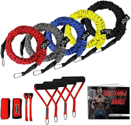 Resistance Bands, 15 Pieces Exercise Elastic Bands Set, 20lbs to 40lbs Resistance Tubes with Heavy Duty Protective Nylon Sleeves Anti-Snap for Fitness SUPALAK-GravixFit