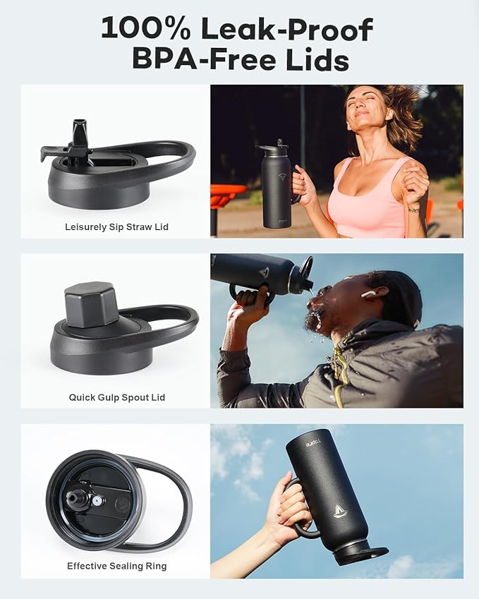 40 oz Insulated Water Bottle with Straw and Lid, Food-grade Double Wall Vacuum Stainless Steel Flask with Handle,Leakproof Metal Travel Jug With Carry Pouch and Brush,Keep Cold & Hot,Black-GravixFit