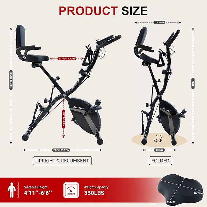 BARWING Stationary Exercise Bike for Home Workout, 5 IN 1 Foldable Indoor Cycling Bike for Seniors, 350LB Capacity, 16-Level Magnetic Resistance, Seat Backrest Adjustments