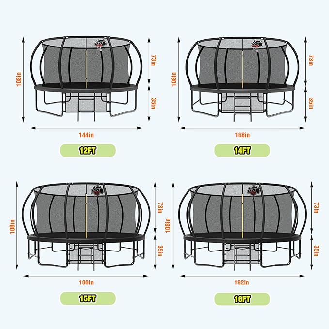 10 12 14 15 16FT Outdoor Trampolines for Kids and Adults, Pumpkin Trampoline with Curved Poles, Recreational Trampoline with Basketball Hoop and Safety Enclosure Net for Kids and Adults-GravixFit