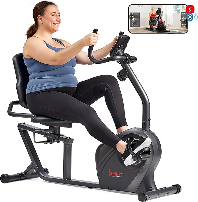 Sunny Health & Fitness Smart Heavy-Duty Recumbent Bike w/Wide Cushioned Seat & Back, Indoor Cycling Machine for Adult/Seniors Home Exercise, Free SunnyFit App Connect, Optional Workout Training Bands-GravixFit