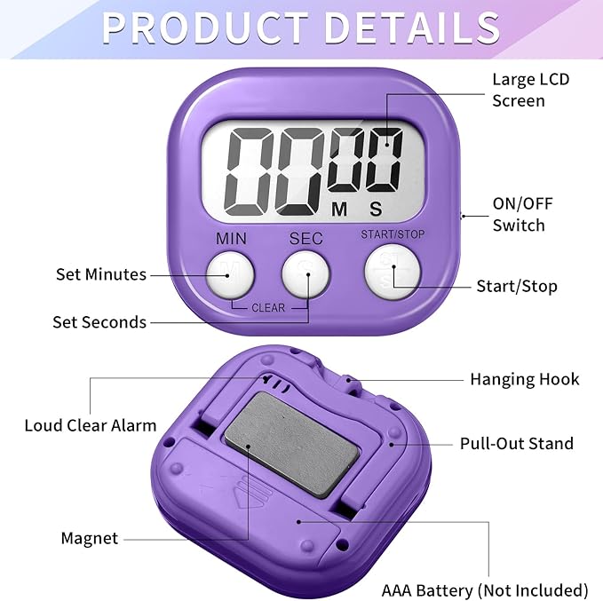 Macarrie 48 Pcs Digital Kitchen Timer Bulk Small Magnetic Backing Stand Timer Clock Loud Alarm LCD Display Electronic Minute Second Count Countdown Alarm for Teacher Classroom Cooking Baking (Fashion)-GravixFit