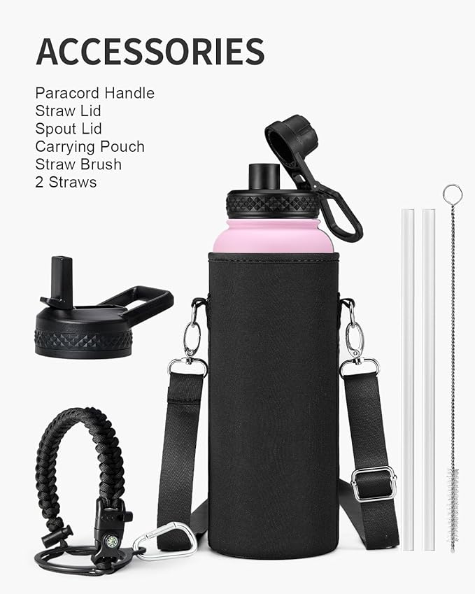 40oz Insulated Water Bottle,Stainless Steel Vacuum Water Bottle, BPA-Free & Leakproof -with Paracord Handle,Strap,Straw Spout Lids,Large Water Jug for Gym Sports-GravixFit