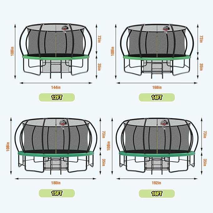 10 12 14 15 16FT Outdoor Trampolines for Kids and Adults, Pumpkin Trampoline with Curved Poles, Recreational Trampoline with Basketball Hoop and Safety Enclosure Net for Kids and Adults-GravixFit