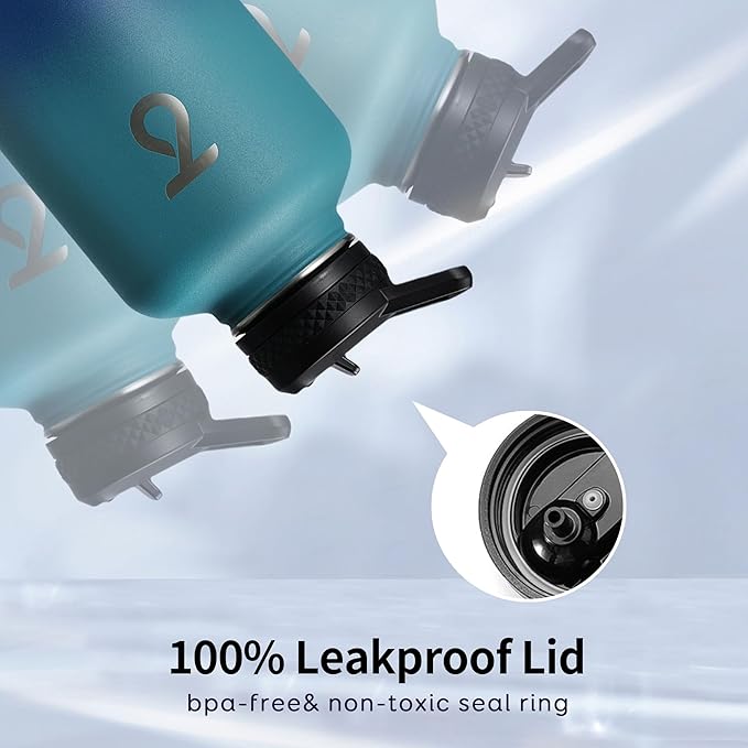 Trebo Insulated Water Bottle 64 oz, Half Gallon Metal Vacuum Water Jug with Handle and 3 Lids, Leakproof BPA-Free Water Flask for Gym Sports Hiking Travel, Keep Cold 48 Hours, Cyan Blue-GravixFit