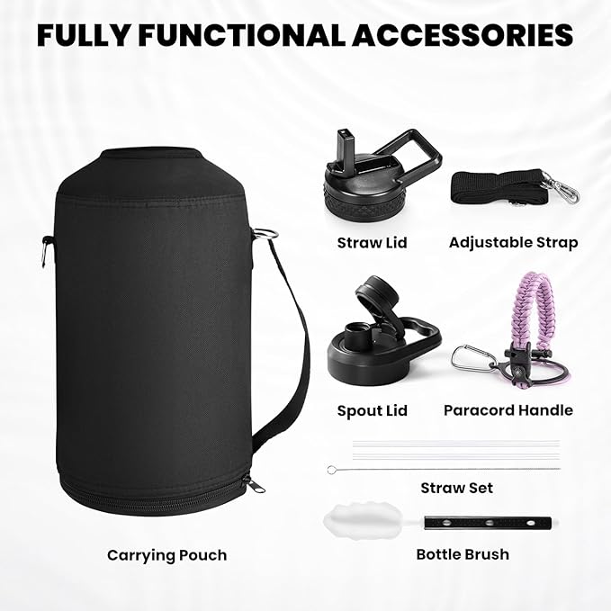 One Gallon Water Bottle Insulated, Triple Walled Vacuum Stainless Steel (Cold for 48 Hrs), Leak Proof & Non-BPA, Large Water Flask Jug with Paracord Handle & Straw Spout Lids-GravixFit