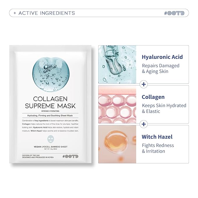 #OOTD Collagen Hydrating Sheet Masks for Face Korean Anti Aging Mask Sheet for Dry Skin & Sensitive Skin, EVE Vegan, Not Tested on Animals, No Parabens, No Sulfates, Hyaluronic Acid, Witch Hazel 10EA-GravixFit