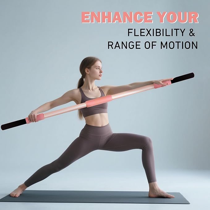 Pink Yoga Stick 58 Inch - Alloy Steel Stretching, Mobility & Exercise Stick with Neck & Hand Pads, Shoulder Flexibility Tool for Yoga, Pilates & Home Gym Workouts-GravixFit