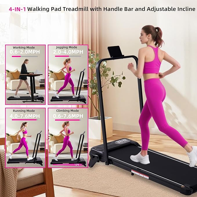 Electric Walking Pad Treadmill with Adjustable Incline and Handle Bar, 3.5HP Small PortableTreadmills for Home Office Small, 4 in 1 Folding Foldable Treadmill with Handles, 0.6-7.6MPH, 350LBS-GravixFit