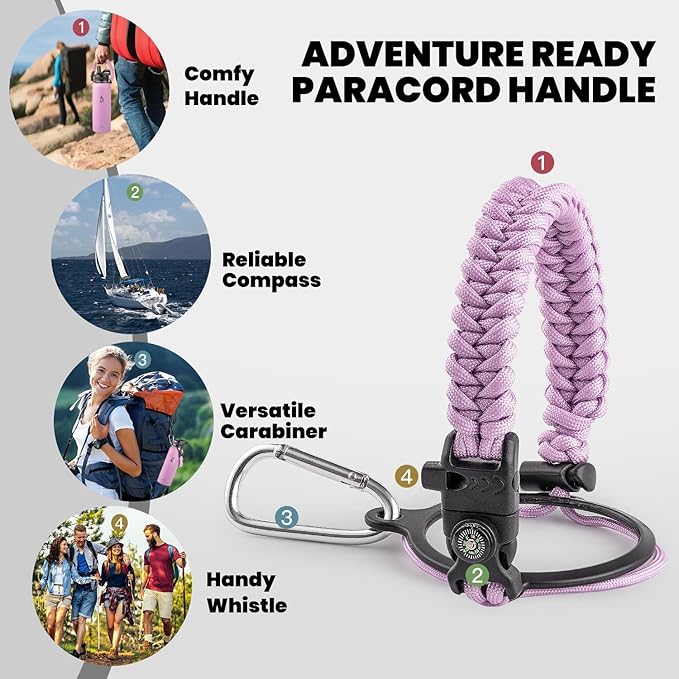 Insulated Water Bottle 40 oz, Triple Wall Vacuum Stainless Steel (Cold for 48 Hrs), Leak Proof & Non-BPA, Modern Water Flask Jug with Paracord Handle & Straw Spout Lids, Lilac-GravixFit