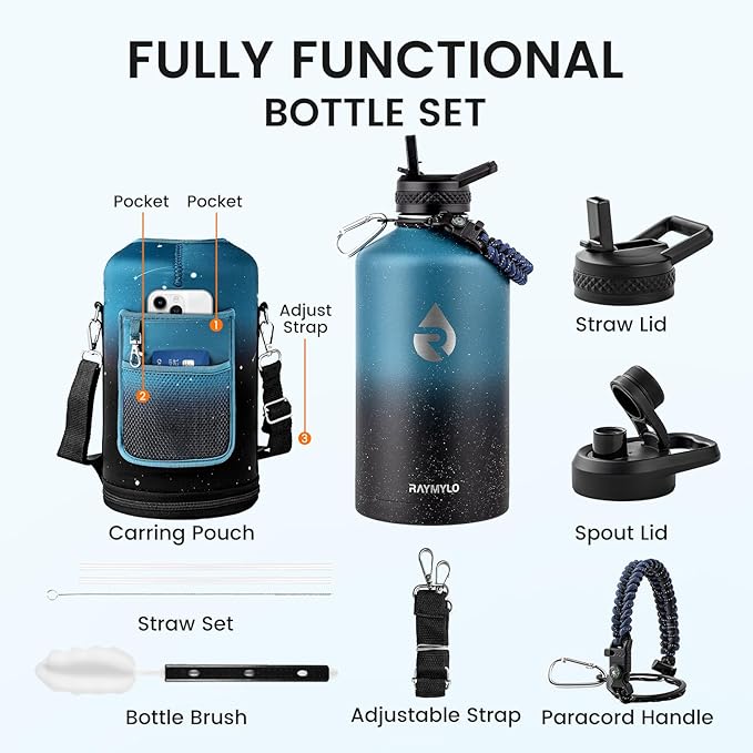 128oz Insulated Water Bottle, Triple Wall Vacuum Stainless Steel Water Bottles - Keeps Cold 48H, Reusable One Gallon Jug for Gym, Sports, Camping, Hiking,Travel, Midnight Blue Speckle-GravixFit