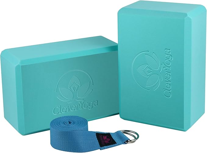 Clever Yoga Blocks 2 Pack with Strap - Extra Light Weight Sweat Repelling Foam Yoga Block Set with Cotton 8ft Yoga Stretch Strap - Yoga Block and Strap Set Kit for Beginner to Pro - Exercise-GravixFit