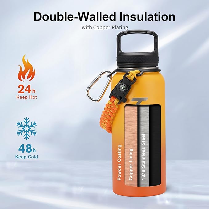 Trebo 32oz Water Bottle Insulated with Lid and Straw,Double Wall Vacuum Stainless Steel Metal Tumbler Sports Flask with Paracord Handle, Keep Hot 24 Hours & Cold 48 Hours Water Cup with 3 Lids, Orange-GravixFit