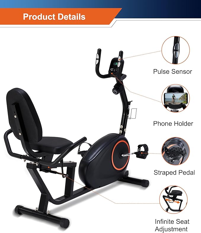 Recumbent Exercise Bike for Seniors - 400LB Weight Capacity Recumbent Bikes with Comfortable Seat, Pulse Sensor, 16-level Resistance, LCD Monitor-GravixFit