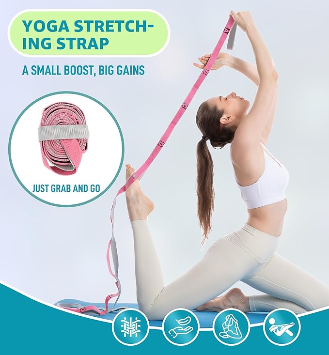 HiRui Stretching Strap Yoga Strap with Door Anchor, 14-Loops Non-Elastic Stretch Straps for Physical Therapy, Pilates, Dance, Gymnastics | Stretch Band with Workout Guide for Women & Men-GravixFit