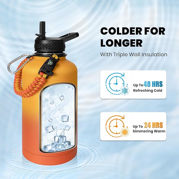 One Gallon Water Bottle Insulated, Triple Walled Vacuum Stainless Steel (Cold for 48 Hrs), Leak Proof & Non-BPA, Large Water Flask Jug with Paracord Handle & Straw Spout Lids-GravixFit