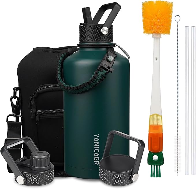 Insulated Water Bottle 64oz,Triple Wall Vacuum Stainless Steel(Dishwasher Safe),Leak Proof & Non-BPA,Flask Jug with Paracord Handle & Straw Spout Lids Sports-GravixFit