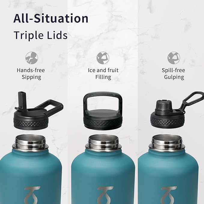 Trebo Insulated Water Bottle 64 oz, Half Gallon Metal Vacuum Water Jug with Handle and 3 Lids, Leakproof BPA-Free Water Flask for Gym Sports Hiking Travel, Keep Cold 48 Hours, Cyan Blue-GravixFit