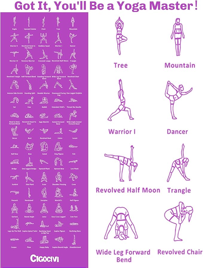 Instructional Travel Yoga Mat with 75 Poses & Exercises - Non-slip Exercise Mat for Home Workout, Includes Carrying Bag - Perfect for Beginners, 68"x24"x0.25"-GravixFit
