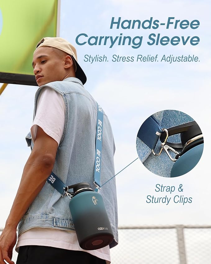 Coolflask 64 oz Water Bottle Insulated with Strap, Half Gallon Water Jug Stainless Steel with Straw & Spout Lids, Metal Large Water Flask, Keep Cold 48h Hot 24h, Leak Proof & Non-BPA, Prussian Blue-GravixFit