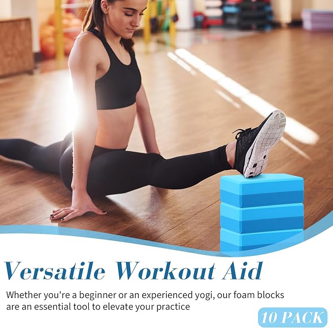 Liliful 10 Pcs Yoga Blocks Bulk Eva Foam Exercise Yoga Brick Soft Non Slip Surface Foam Blocks High Density Yoga Accessories for Workout Stability Balance Deepen Stretches Pilates 9''x6''x3''(Blue)-GravixFit