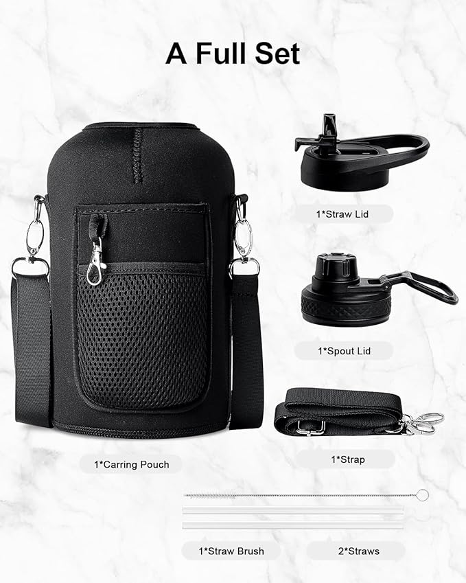 Trebo 64 oz Water Bottle Insulated with Handle, Half Gallon Stainless Steel Metal Large Jug, Travel Flask with Straw Spout Lid, Mug Tumbler Cup with Carry Pouch, Keep Cold Hot, Indigo Black-GravixFit