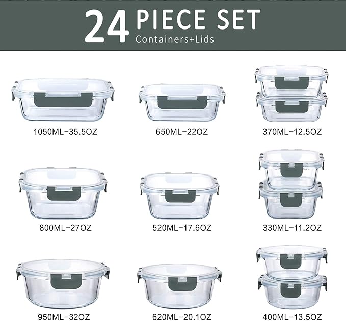 M MCIRCO 24-Piece Glass Food Storage Containers with Upgraded Snap Locking Lids,Glass Meal Prep Containers Set - Airtight Lunch Containers, Microwave, Oven, Freezer and Dishwasher-GravixFit