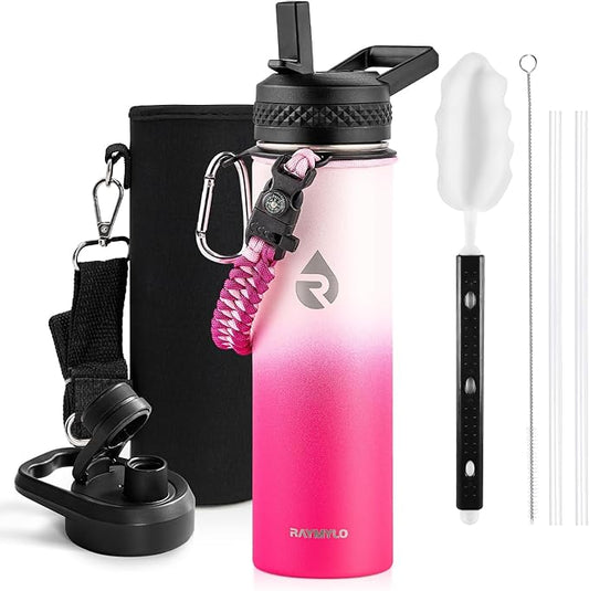 Insulated Water Bottle 20 oz, Triple Wall Vacuum Stainless Steel (Cold for 48 Hrs), Leak Proof & Non-BPA, Kids Water Bottle Jug for School with Straw Spout Lids, Ombre Pink-GravixFit