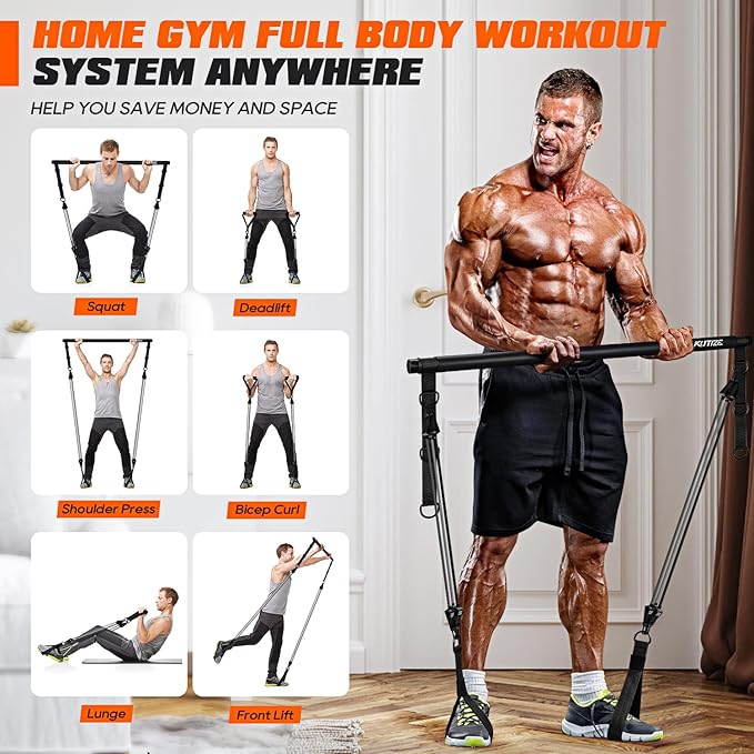 Pilates Bar Kit with Resistance Bands, Heavy Duty Pilates Equipment for Men, Strength Training Bar for Legs, Hip, Back, Arm, Abs, Chest, Shoulders, Portable Home Gym Full Body Workout Equipment-GravixFit