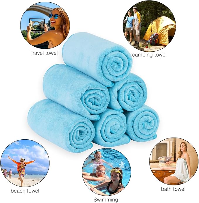 JML Microfiber Bath Towels, Bath Towel Set (6 Pack, 27" x 55") - Extra Absorbent and Fast Drying,Multipurpose Microfiber Towel for Bath, Beach, Pool, Sports, Yoga - Sky Blue-GravixFit