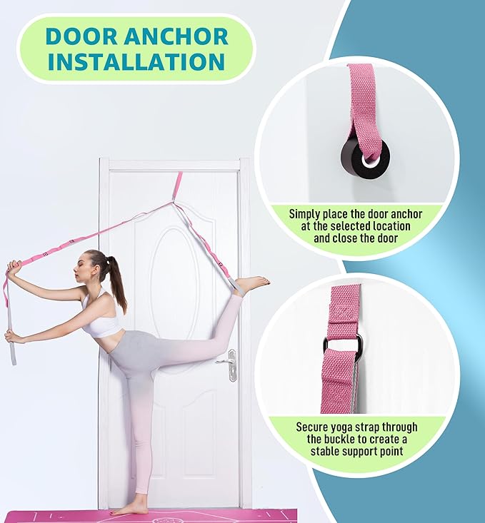 HiRui Stretching Strap Yoga Strap with Door Anchor, 14-Loops Non-Elastic Stretch Straps for Physical Therapy, Pilates, Dance, Gymnastics | Stretch Band with Workout Guide for Women & Men-GravixFit