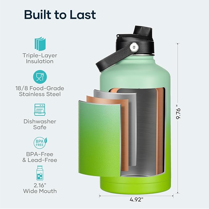 BUZIO 64oz Insulated Water Bottle, Triple Wall Stainless Steel (Cold for 48 Hrs) Leakproof Half gallon Jug/Flask with Straw Lid and Carry Bag for Sports Hiking, Camping, Gradient Green-GravixFit