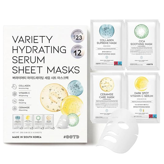 #OOTD Face Mask Korean Skincare for Dry Sensitive Skin | Hydrating, Revitalizing, Calming, Collagen, Ceramide, Cica, Vitamin C Serum Sheet Masks (12EA)-GravixFit