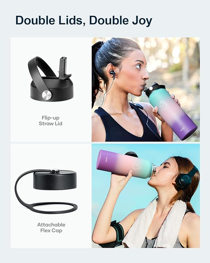 BUZIO 40oz Insulated Water Bottle, Stainless Steel Double Wall Water Flask (Cold for 48 Hrs) Leak Proof Sports Bottles Jug with Straw Lid and Flex Cap Metal Canteen for Gym Travel Camping, Hydrangea-GravixFit