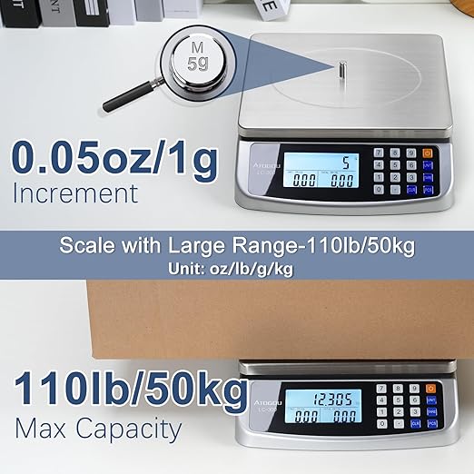 110lb Food Scale, Commercial Kitchen Scale with Price Computing, Plug-in Usable, 0.05oz/1g, 304 Stainless Steel, for Cooking, Vegetables, Farm, Industry, Counting. LC300-GravixFit