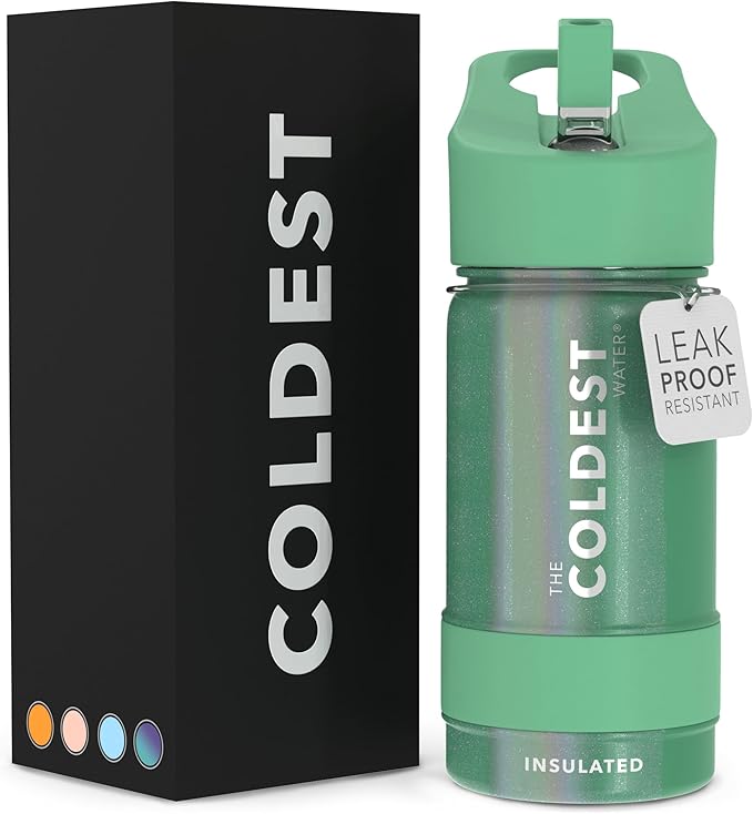 Coldest Insulated Water Bottle with Straw Lid - Stainless Steel Metal Insulated Bottle for Men & Women (Green Aurora Glitter, 14 oz)-GravixFit