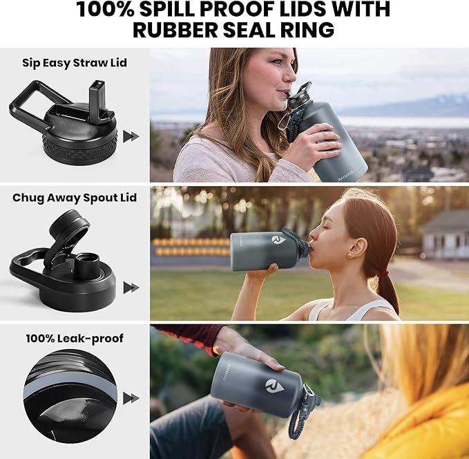 One Gallon Water Bottle Insulated, Triple Walled Vacuum Stainless Steel (Cold for 48 Hrs), Leak Proof & Non-BPA, Large Water Flask Jug with Paracord Handle & Straw Spout Lids-GravixFit