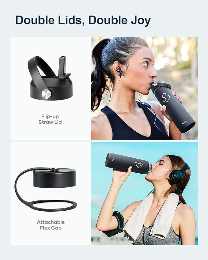 BUZIO 24 oz Insulated Water Bottle, Stainless Steel Wide Mouth Water Flask with Straw Lid, Cold for 48 Hrs Leak Proof Metal Hydro Thermo Canteen Mug, Black-GravixFit