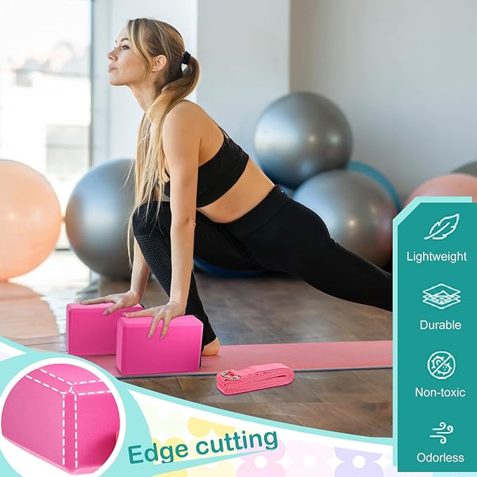 Meooeck 18 Pcs Yoga Block and Strap Set 9 x 6 x 3 Inch EVA Foam Non Slip Brick 8 ft Yoga Straps for Stretching D Ring Design for Back to School Pilates Fitness Workout Exercise-GravixFit